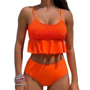 Orange Smocked‎ Bikini Womens Small S 2 Piece Swimsuit Ruffle Hem Shein Neon NEW